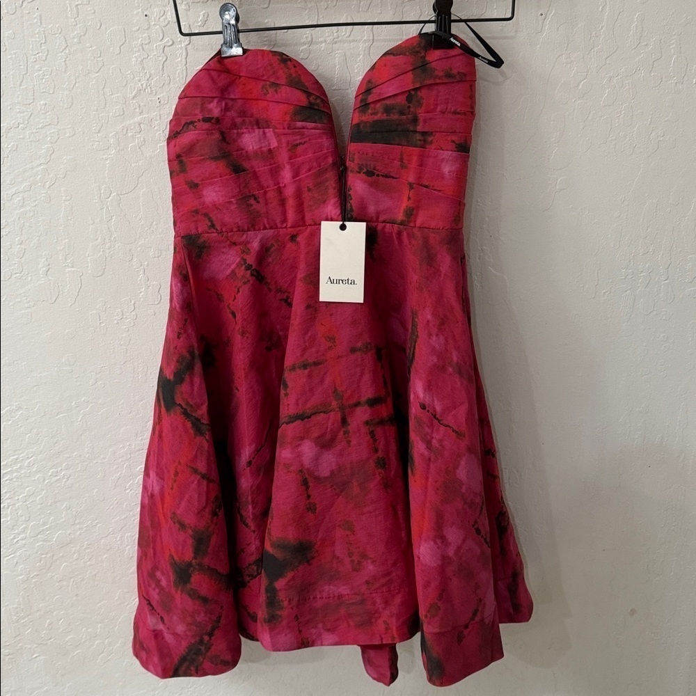 Aureta Alia Mini Dress Red Pink Black Tie Dye Bubble Strapless Rubellite M - Picture 3 of 5
